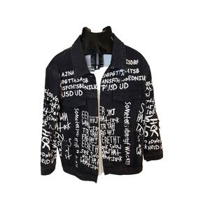 American Bazi Black Graffiti Ripped Distressed Denim Jacket Small USA Designed